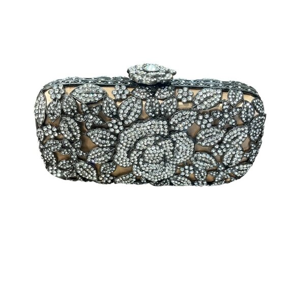 Tasha Crystal Embellished Evening Clutch Bag Floral Design and Chain Strap - Picture 4 of 8